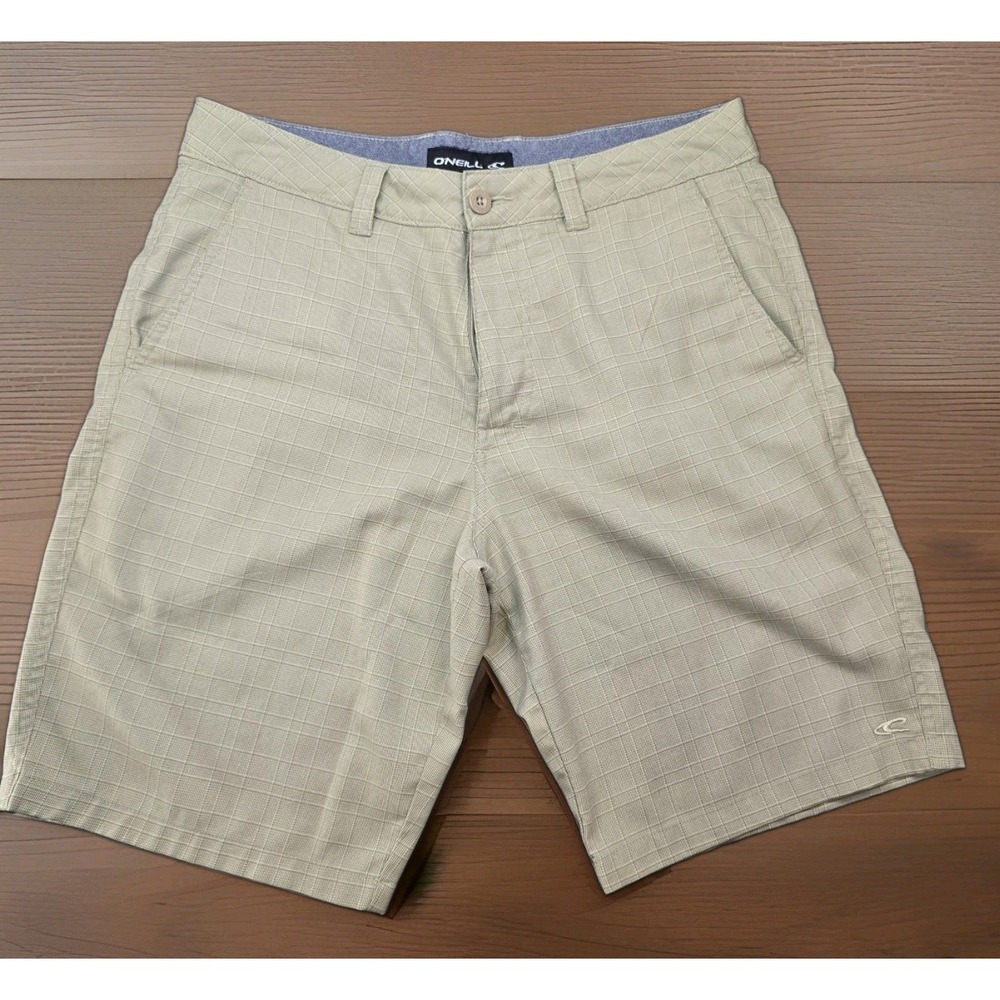 O'Neill Men's Shorts Size 32 Khaki Plaid Flat Front Stretch Walking Golf 10"